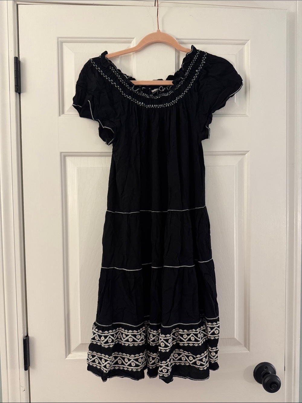 Max Studio Black Boho Smocked Midi Dress with White Stitching